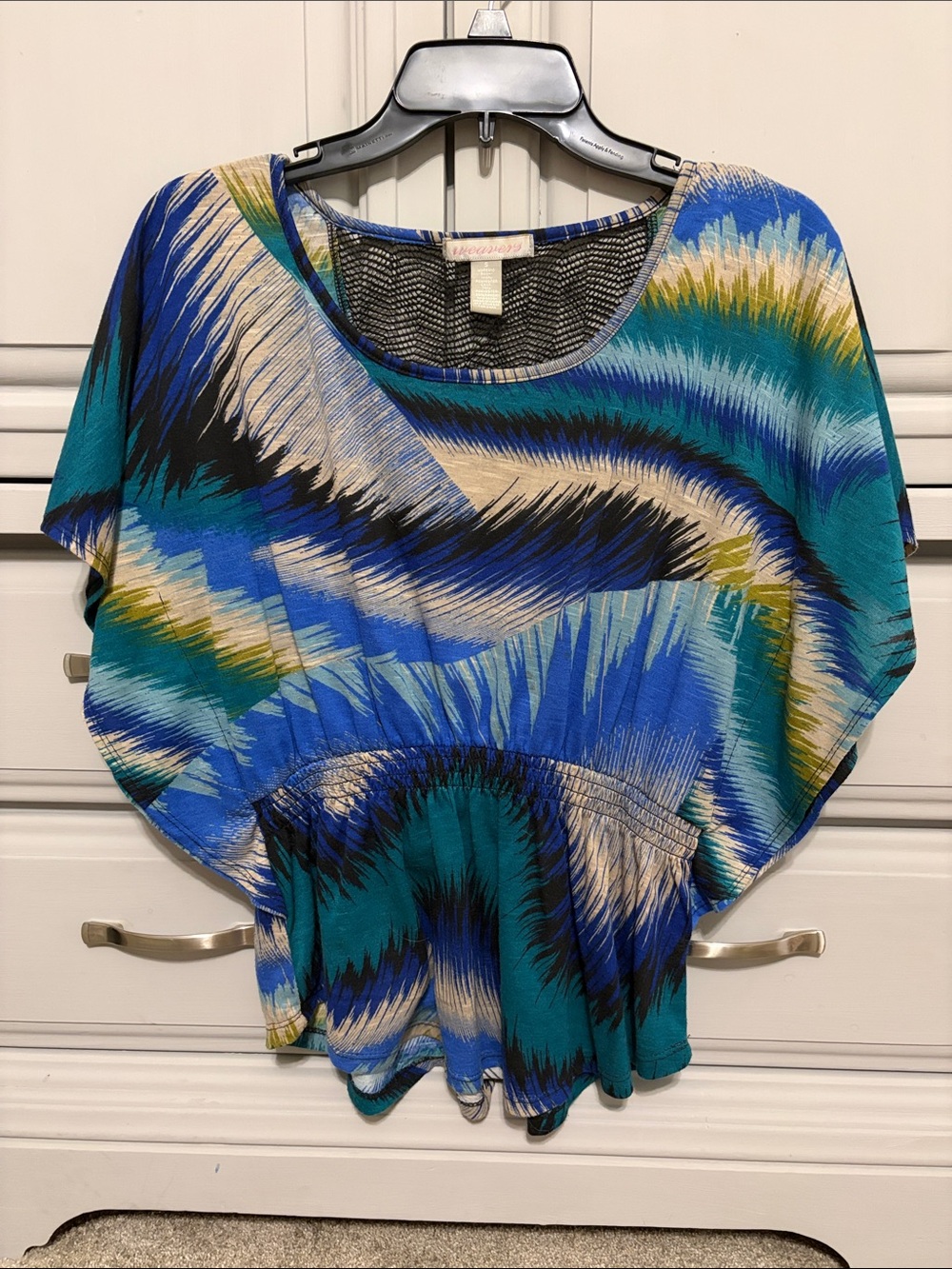 Weavers Blue Teal Abstract Wave Short Sleeve Blouse